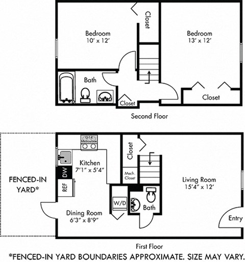 Floor plan for 2 beds, 1.5 baths, 954 sqft